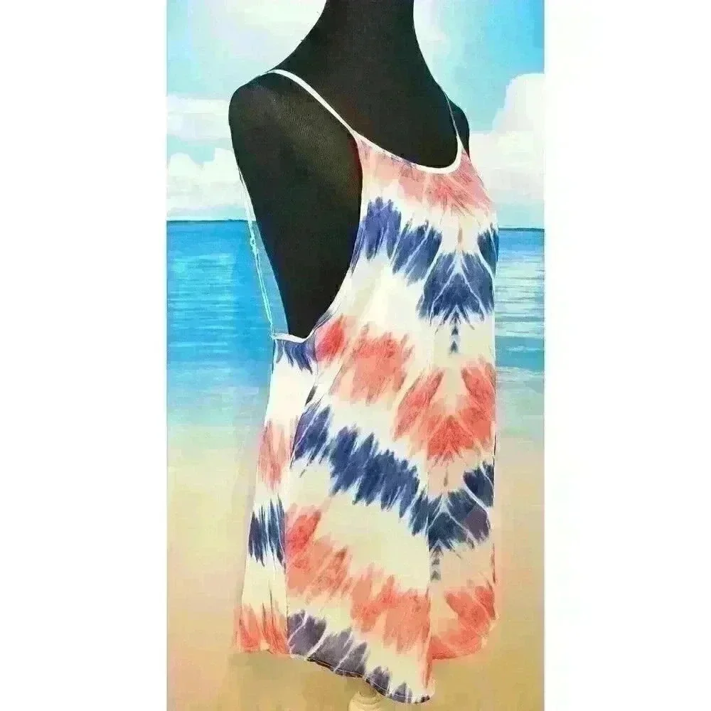 OP Woman RED WHITE & BLUE Sheer TIE DYE Beach Cover Dress Lightweight size Small